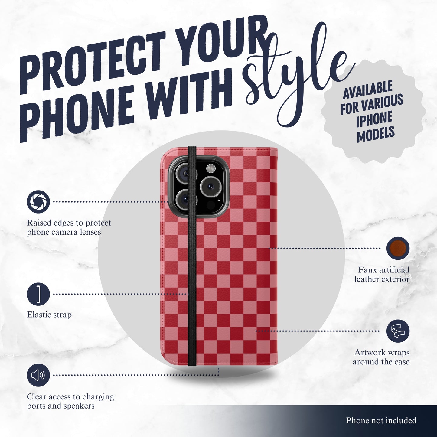 Crimson Check - iPhone Flip Case Wallet, Leather Folio Case Phone Case-aesthetic phone case-shockproof phone case-cute phone case-designer phone case-elegant phone case-luxury phone case-phone accessories-fashion accessory