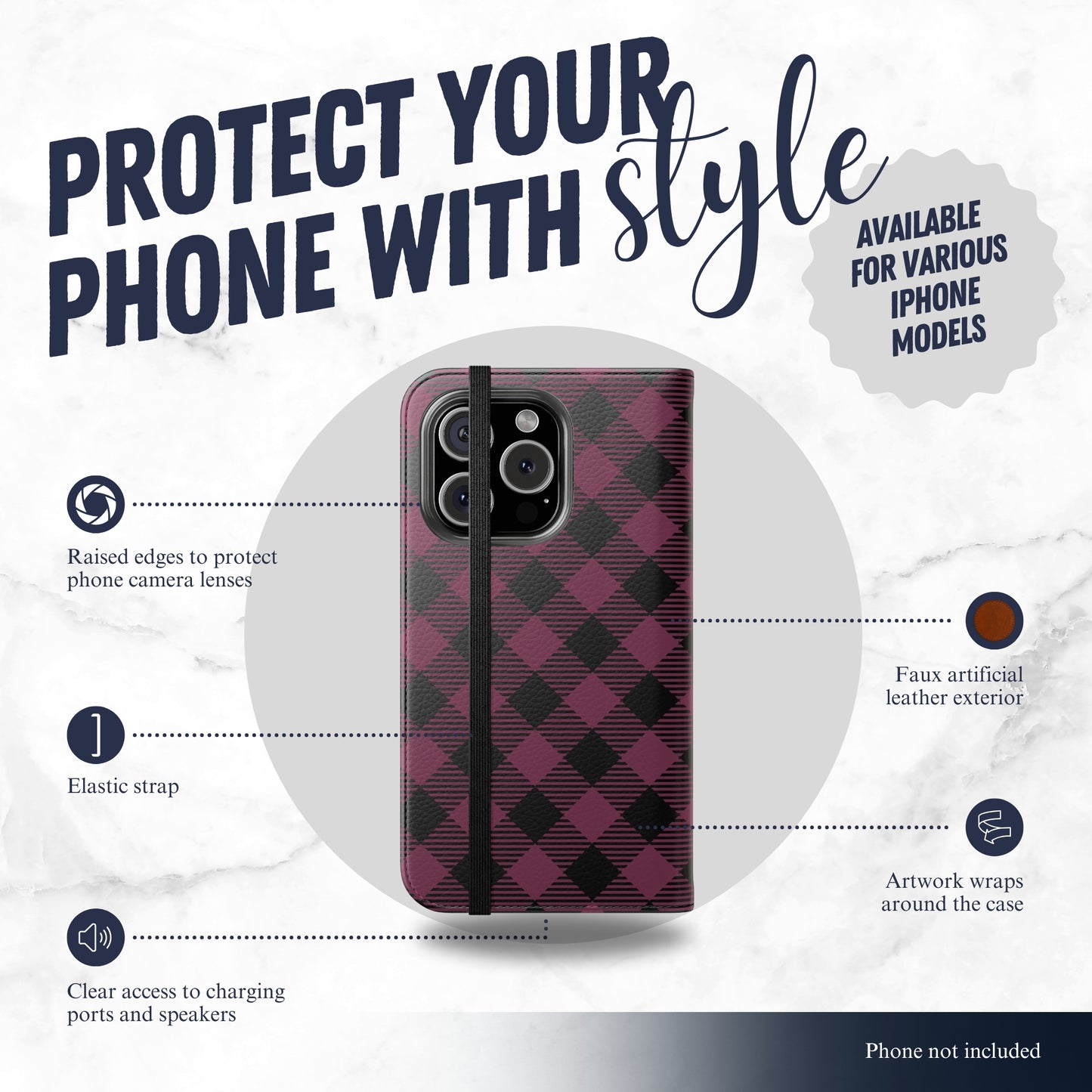 Plum Plaid - iPhone Flip Case Wallet, Leather Folio Case Phone Case-aesthetic phone case-shockproof phone case-cute phone case-designer phone case-elegant phone case-luxury phone case-phone accessories-fashion accessory