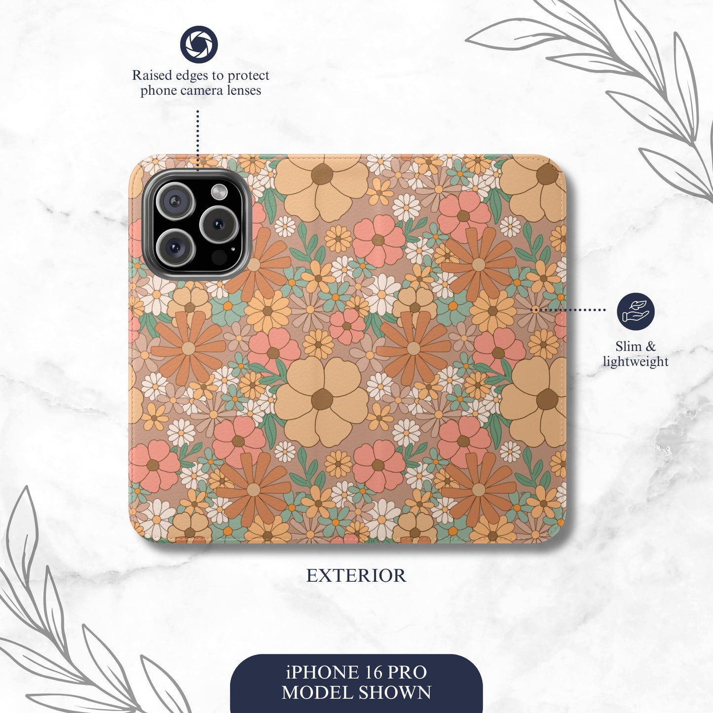 Retro Petals - iPhone Flip Case Wallet, Leather Folio Case Phone Case-aesthetic phone case-shockproof phone case-cute phone case-designer phone case-elegant phone case-luxury phone case-phone accessories-fashion accessory