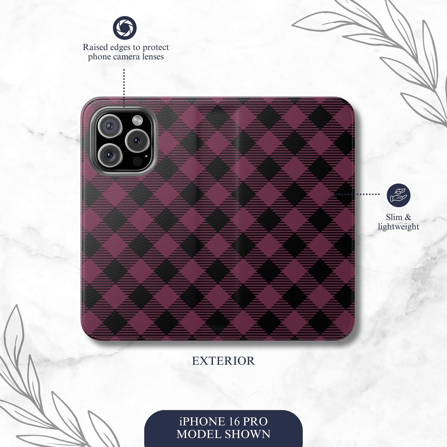 Plum Plaid - iPhone Flip Case Wallet, Leather Folio Case Phone Case-aesthetic phone case-shockproof phone case-cute phone case-designer phone case-elegant phone case-luxury phone case-phone accessories-fashion accessory