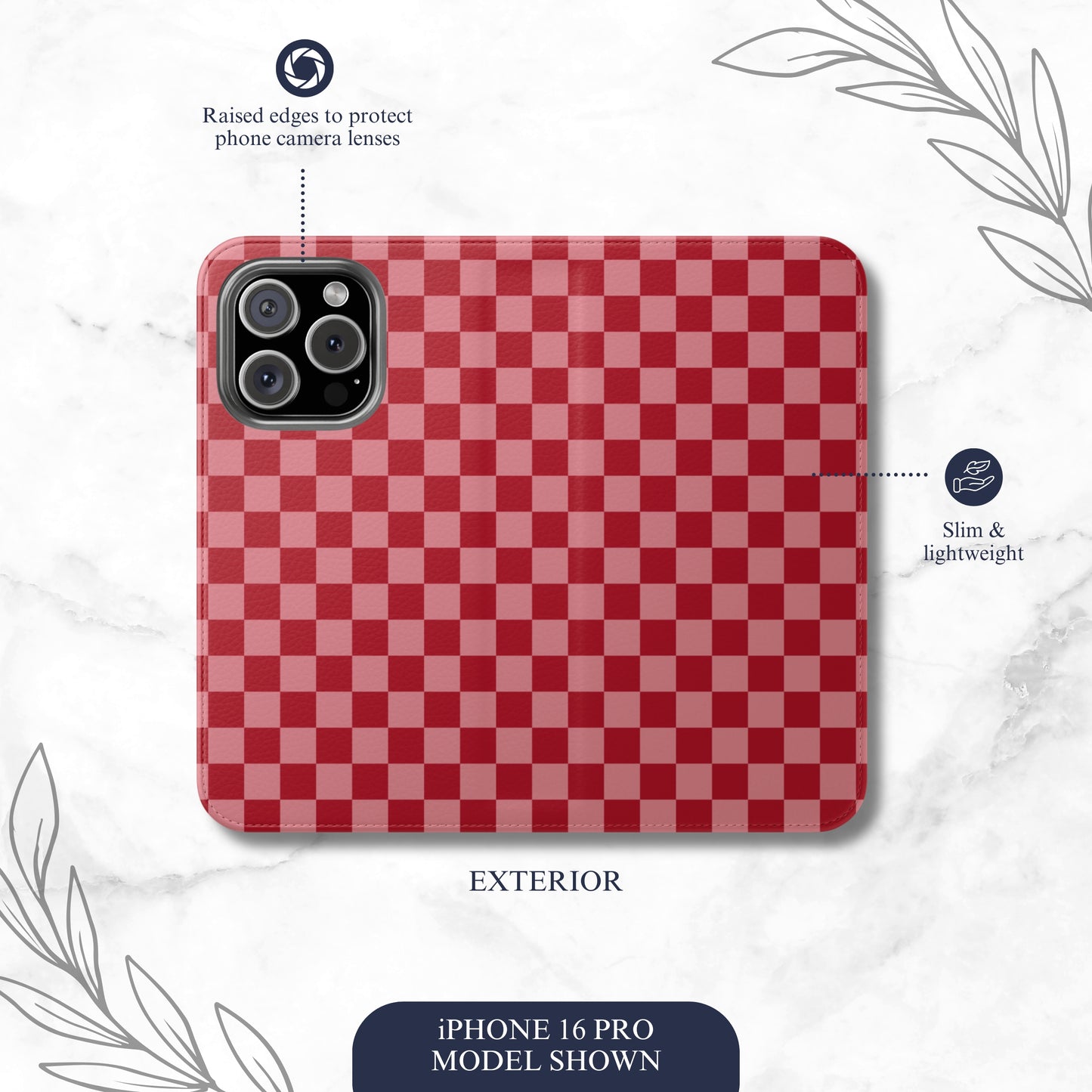 Crimson Check - iPhone Flip Case Wallet, Leather Folio Case Phone Case-aesthetic phone case-shockproof phone case-cute phone case-designer phone case-elegant phone case-luxury phone case-phone accessories-fashion accessory