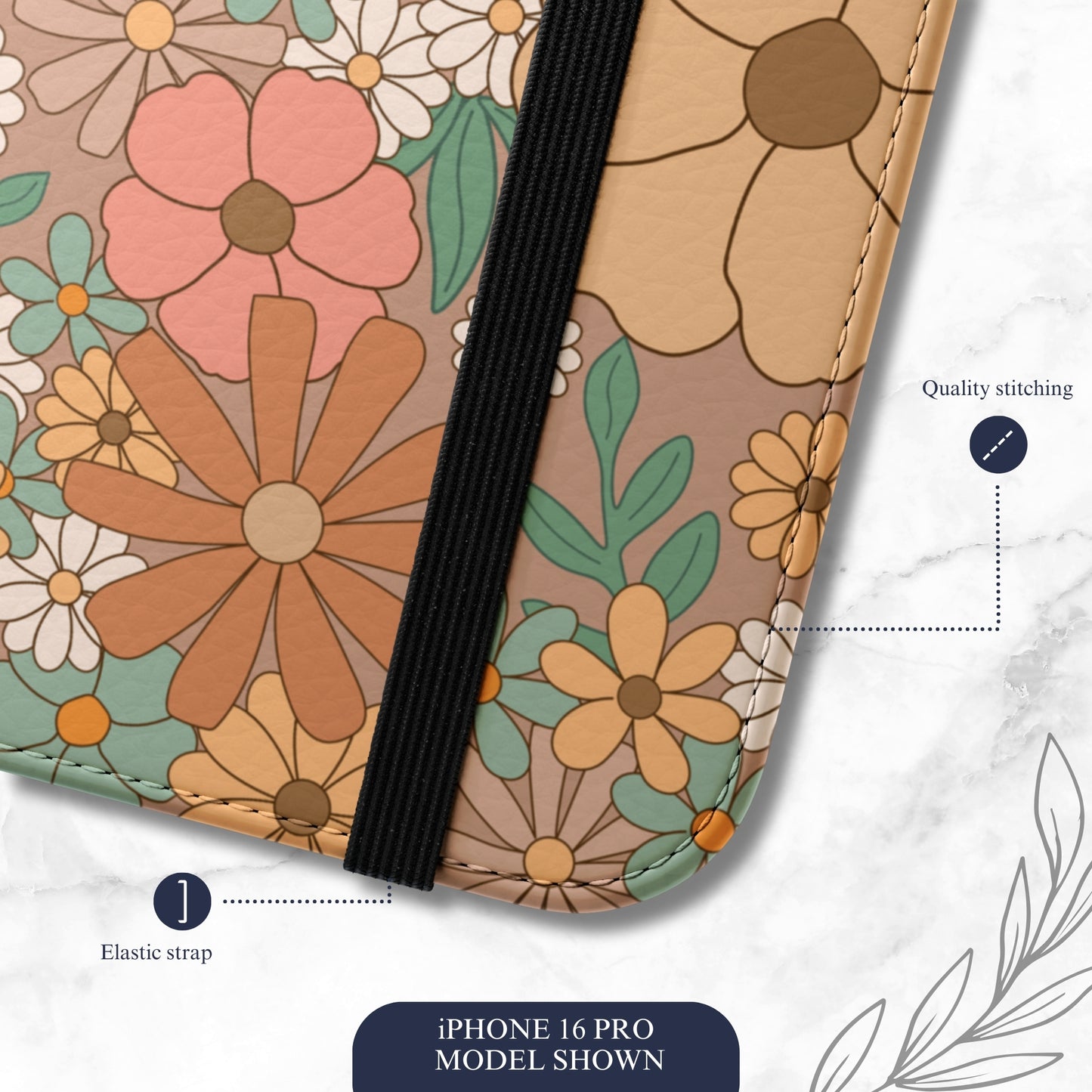Retro Petals - iPhone Flip Case Wallet, Leather Folio Case Phone Case-aesthetic phone case-shockproof phone case-cute phone case-designer phone case-elegant phone case-luxury phone case-phone accessories-fashion accessory