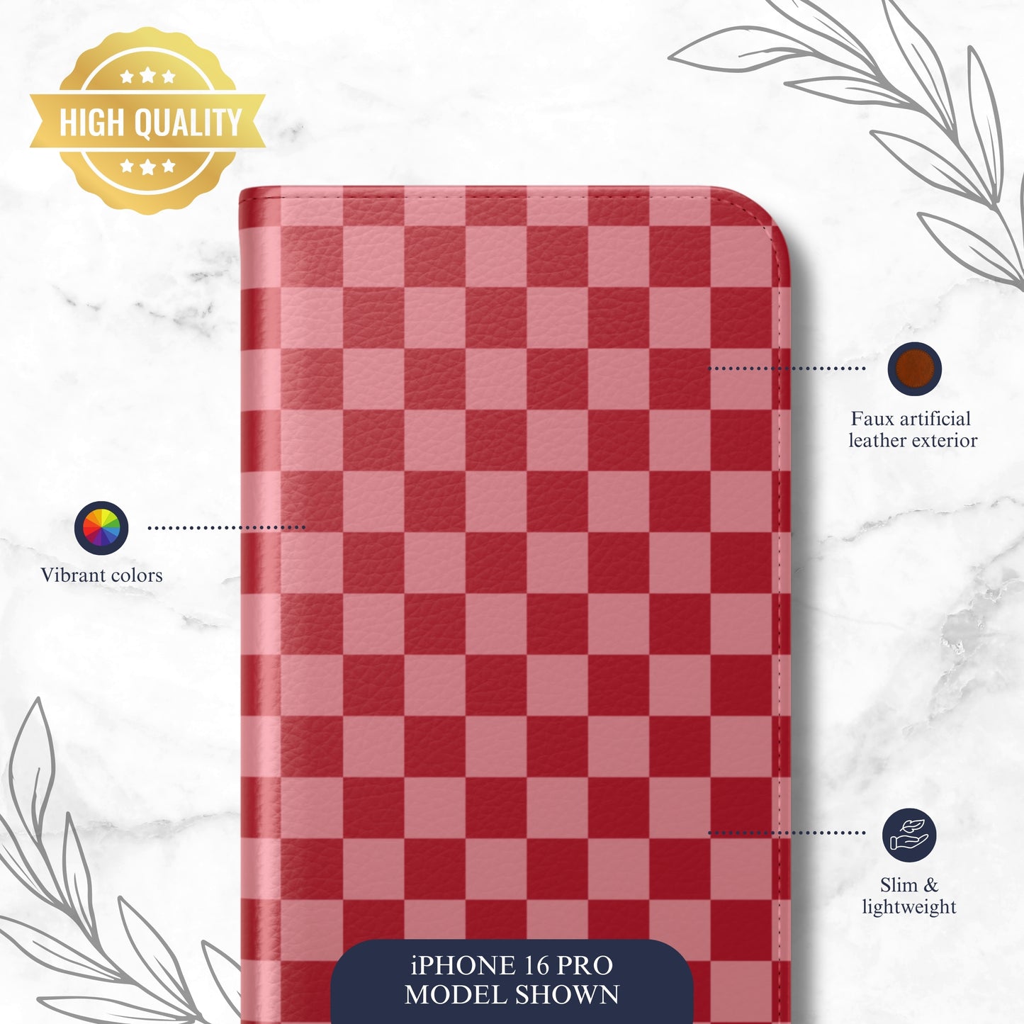 Crimson Check - iPhone Flip Case Wallet, Leather Folio Case Phone Case-aesthetic phone case-shockproof phone case-cute phone case-designer phone case-elegant phone case-luxury phone case-phone accessories-fashion accessory