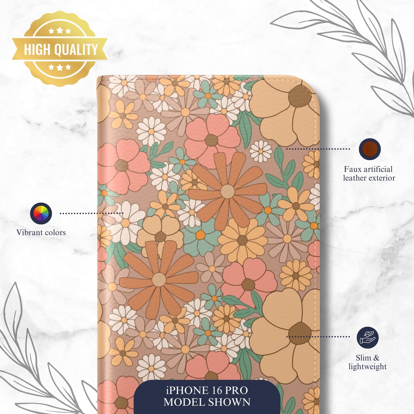 Retro Petals - iPhone Flip Case Wallet, Leather Folio Case Phone Case-aesthetic phone case-shockproof phone case-cute phone case-designer phone case-elegant phone case-luxury phone case-phone accessories-fashion accessory