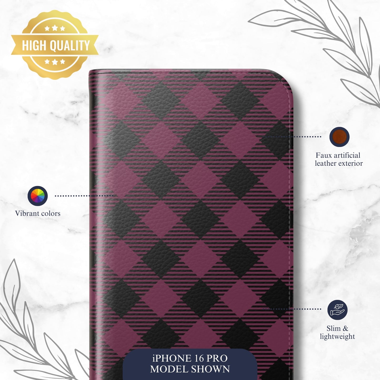 Plum Plaid - iPhone Flip Case Wallet, Leather Folio Case Phone Case-aesthetic phone case-shockproof phone case-cute phone case-designer phone case-elegant phone case-luxury phone case-phone accessories-fashion accessory