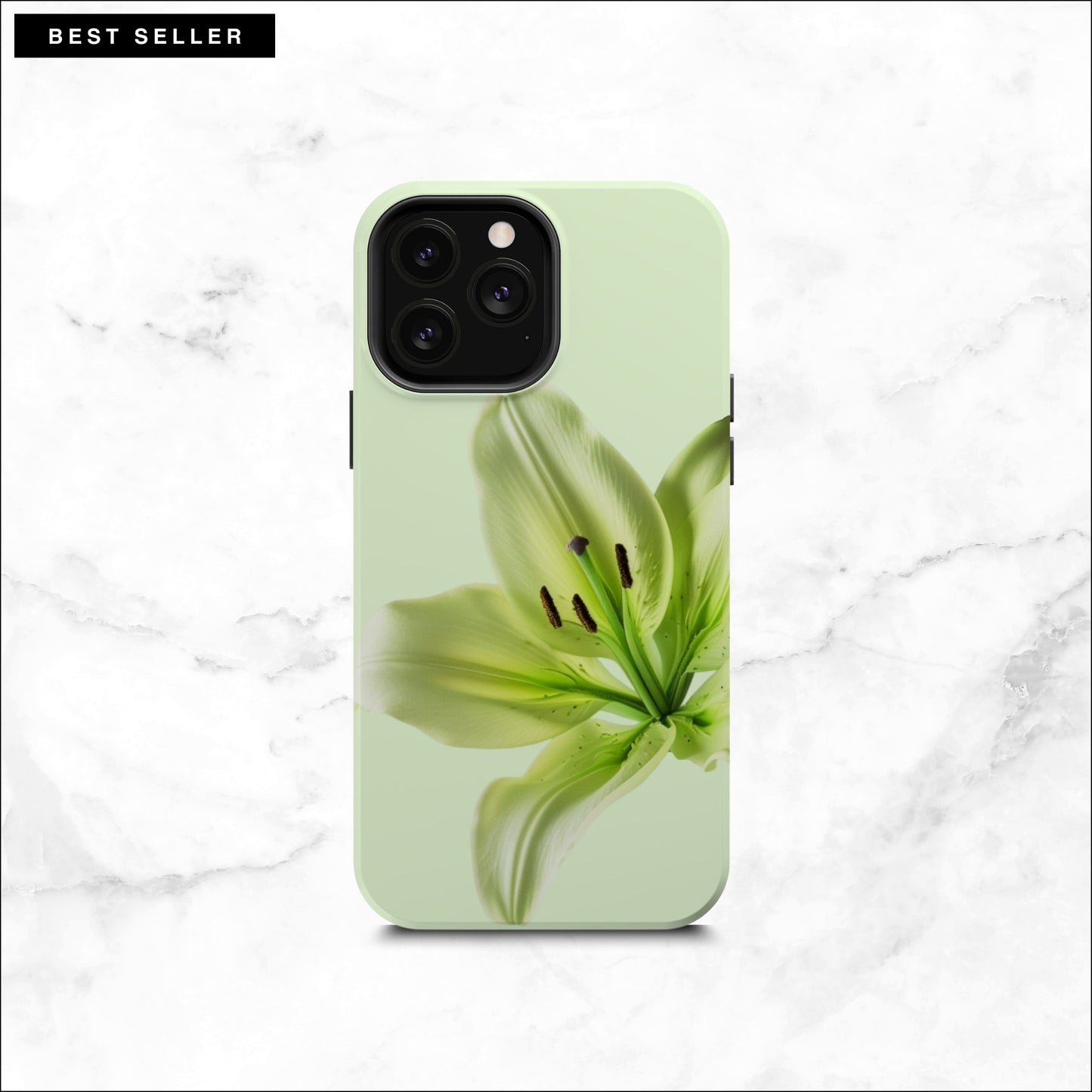 Floral iPhone 13 pro max case with a green lily flower on a soft green background