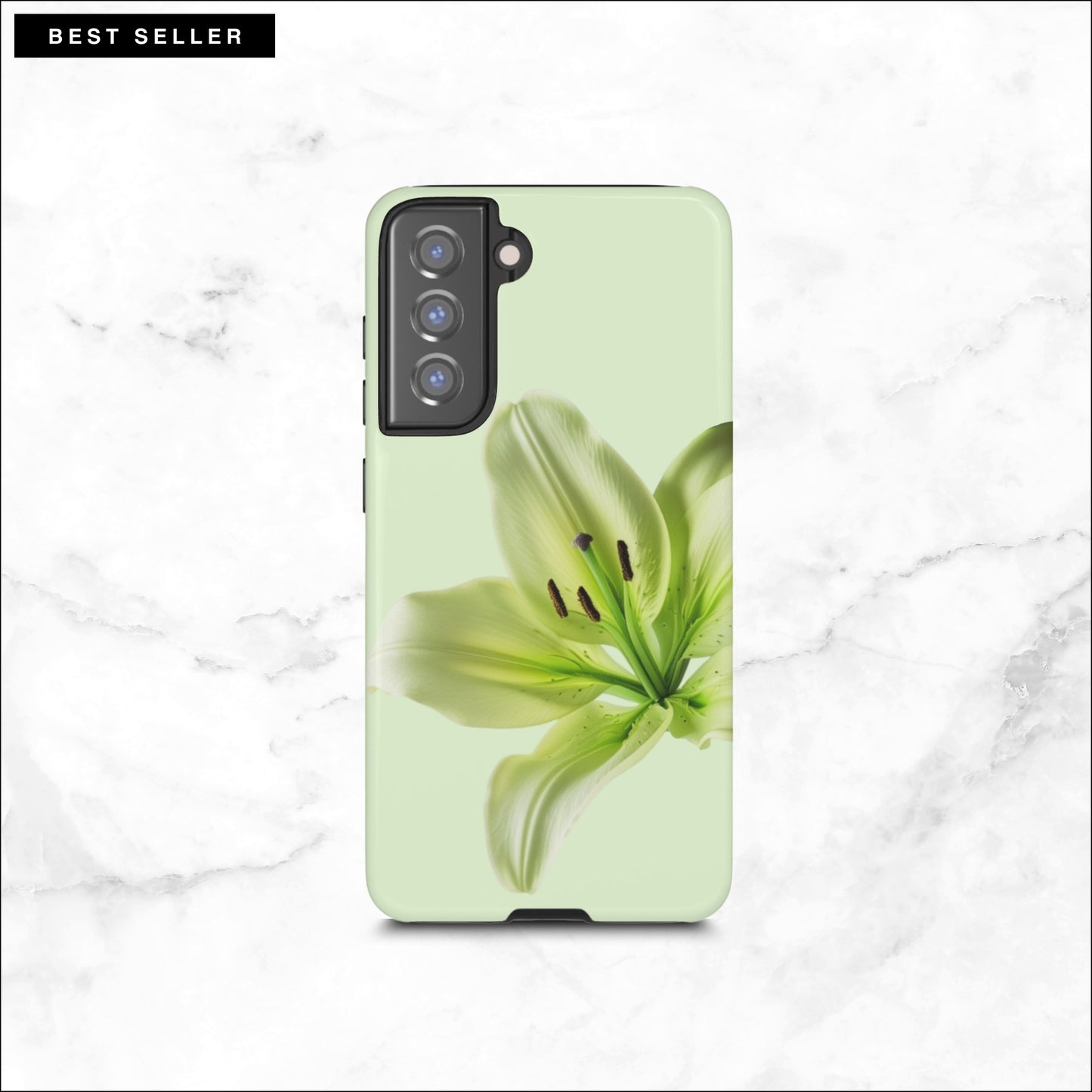 Floral Samsung galaxy S21 FE case with a green flower on a light green background