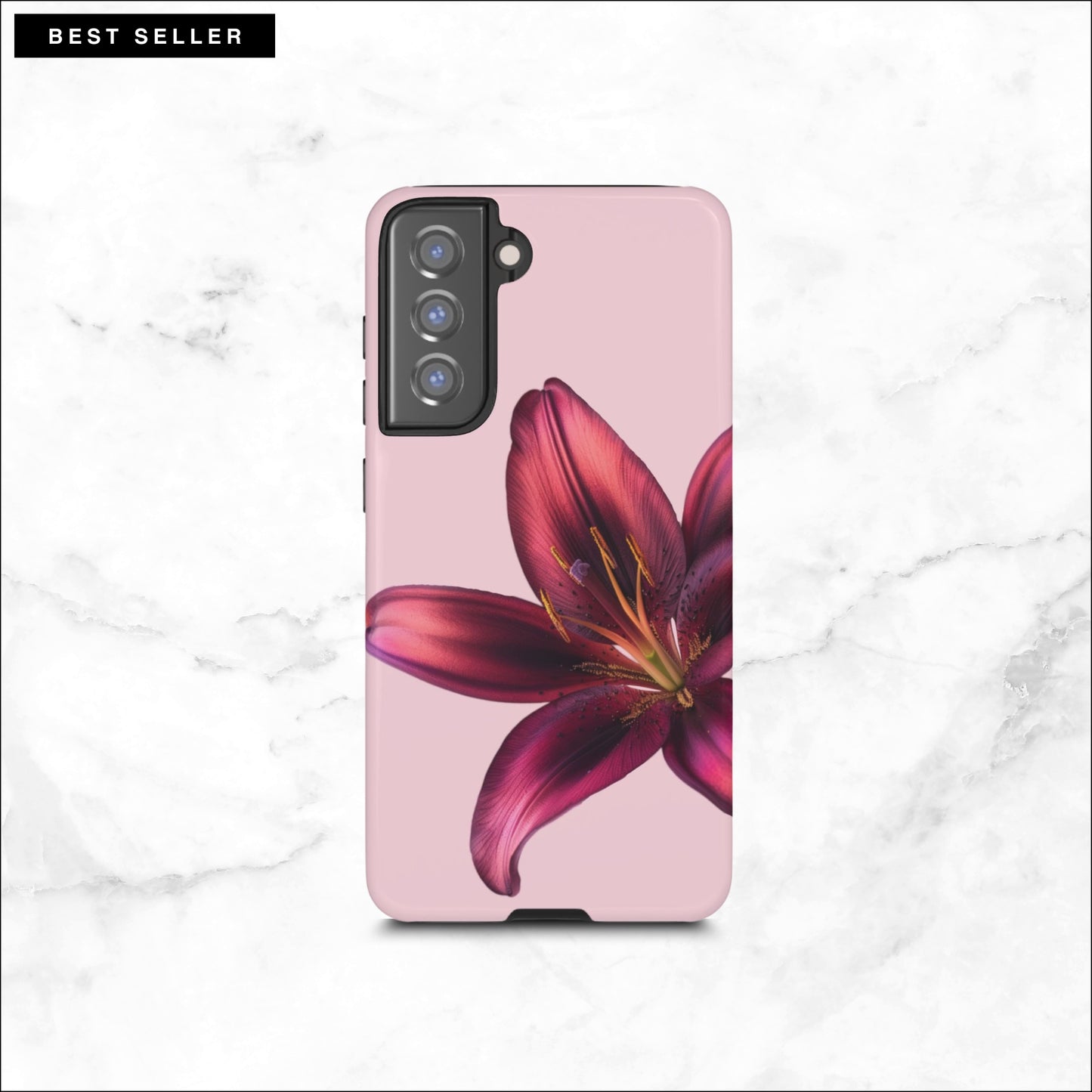 Floral Samsung galaxy S21 FE case with a purple flower on a soft pink background