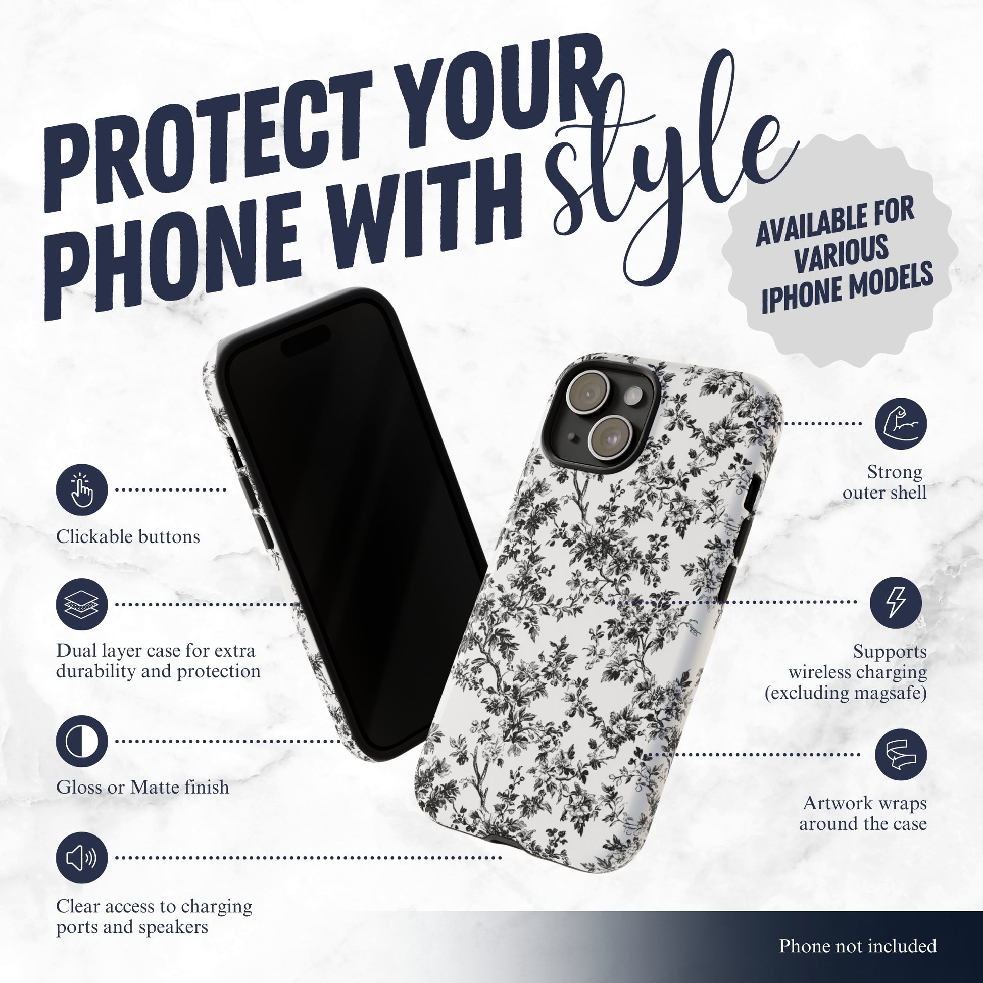 Noir Toile - iPhone Case Phone Case-aesthetic phone case-shockproof phone case-cute phone case-designer phone case-elegant phone case-luxury phone case-phone accessories-fashion accessory