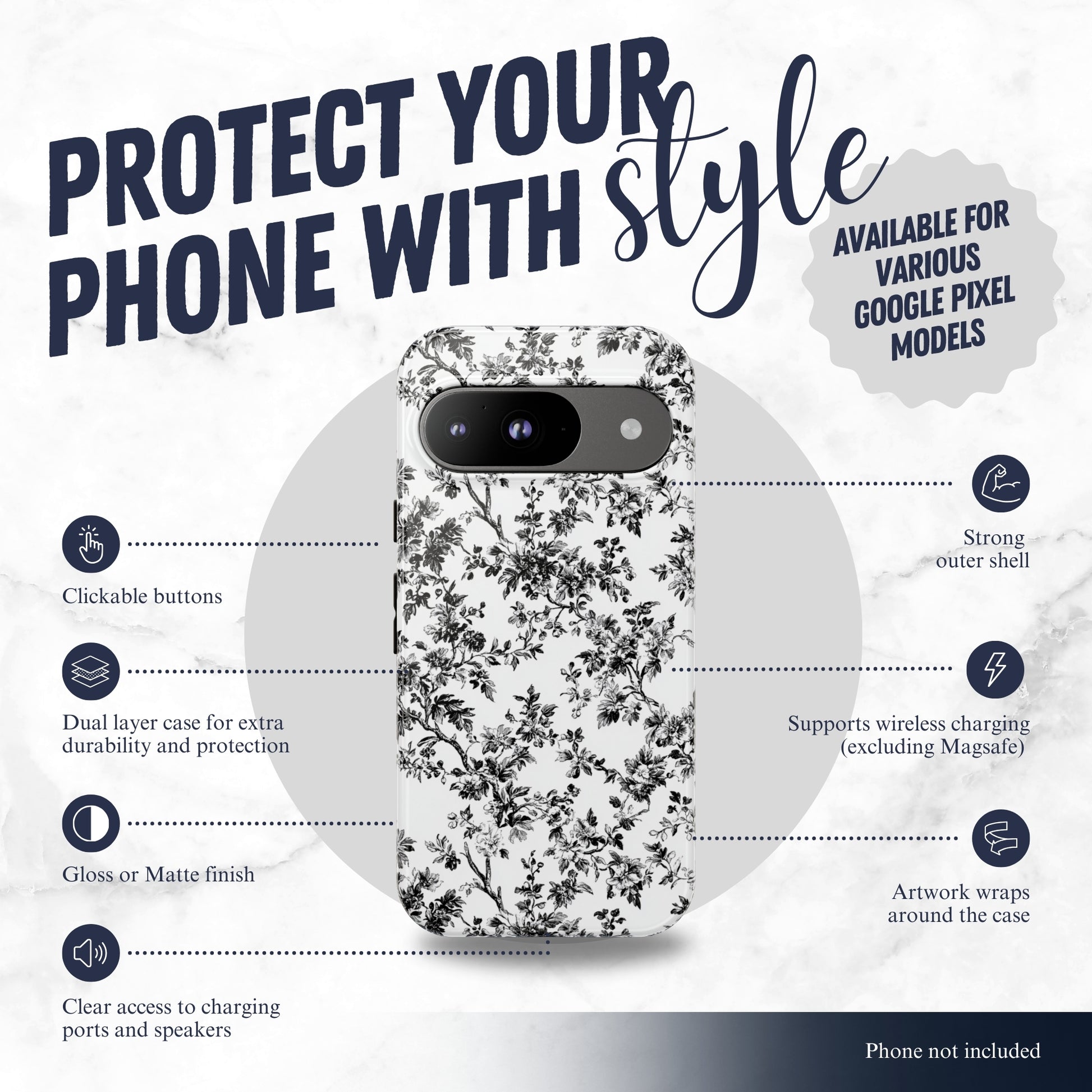 Noir Toile - Google Pixel Case Phone Case-aesthetic phone case-shockproof phone case-cute phone case-designer phone case-elegant phone case-luxury phone case-phone accessories-fashion accessory