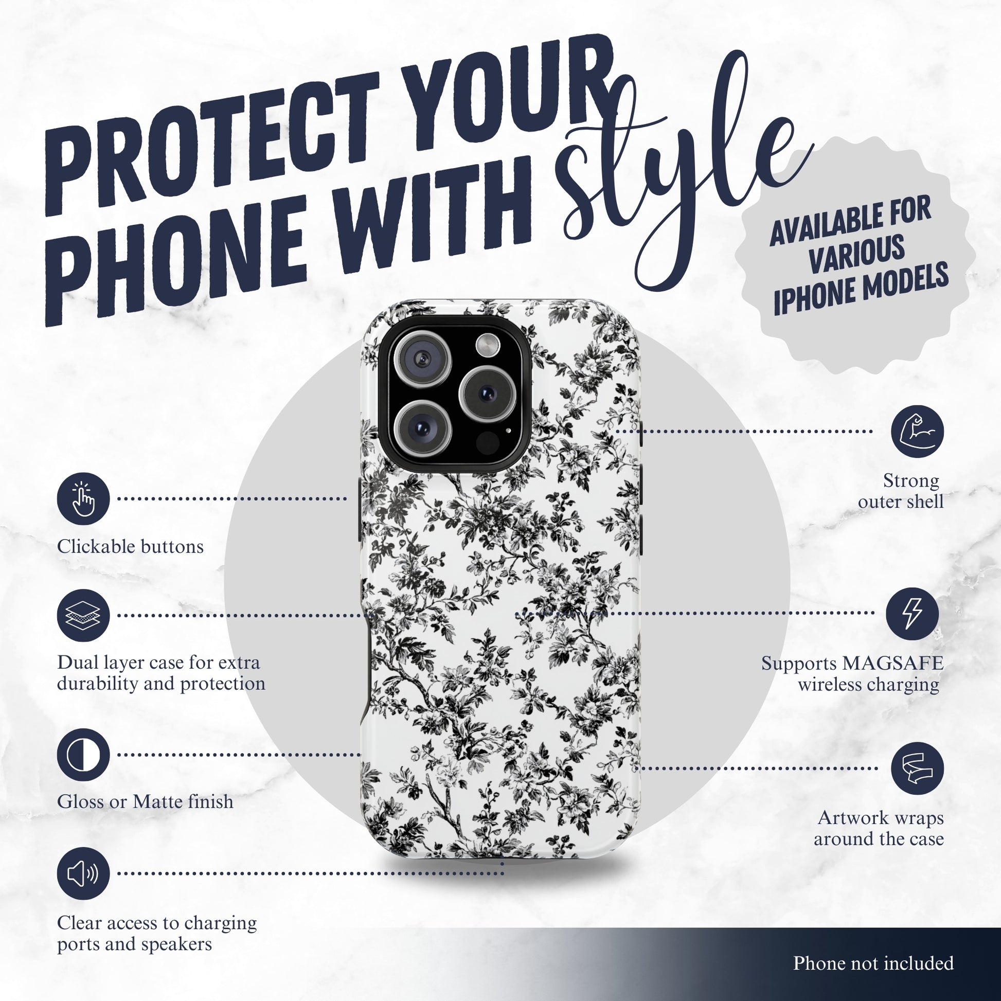Noir Toile - Magsafe iPhone Case Phone Case-aesthetic phone case-shockproof phone case-cute phone case-designer phone case-elegant phone case-luxury phone case-phone accessories-fashion accessory