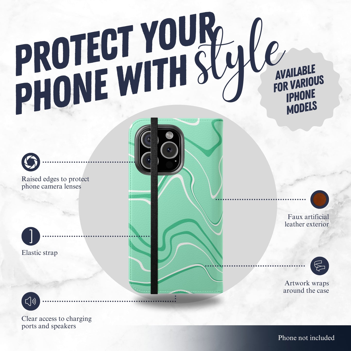 Seafoam Swish - iPhone Flip Case Wallet, Leather Folio Case Phone Case-aesthetic phone case-shockproof phone case-cute phone case-designer phone case-elegant phone case-luxury phone case-phone accessories-fashion accessory