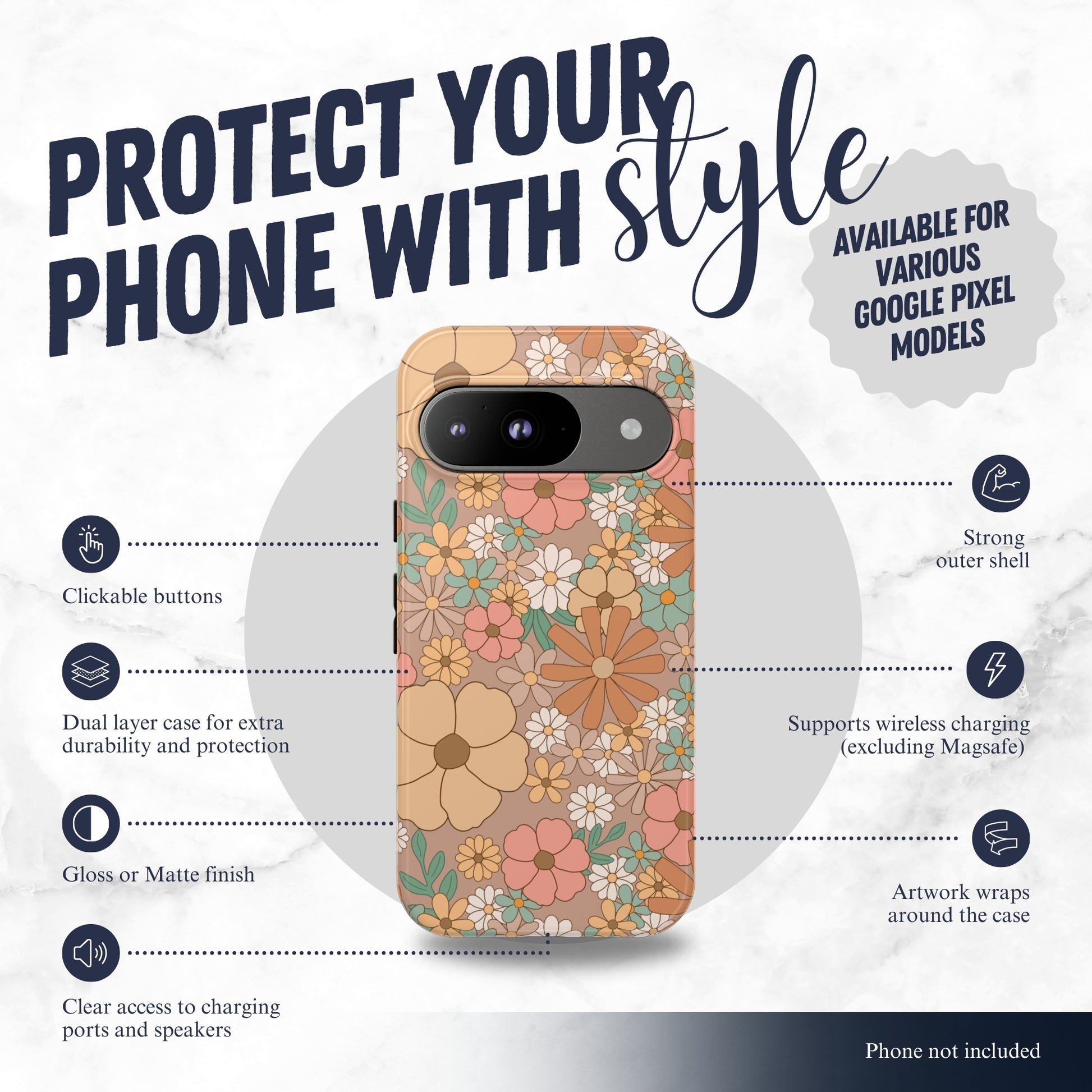 Retro Petals - Google Pixel Case Phone Case-aesthetic phone case-shockproof phone case-cute phone case-designer phone case-elegant phone case-luxury phone case-phone accessories-fashion accessory