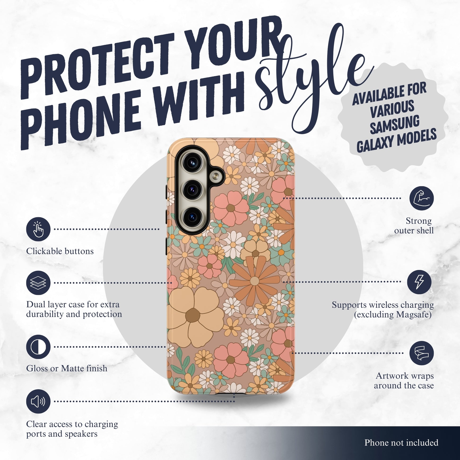 Retro Petals - Samsung Galaxy Case Phone Case-aesthetic phone case-shockproof phone case-cute phone case-designer phone case-elegant phone case-luxury phone case-phone accessories-fashion accessory