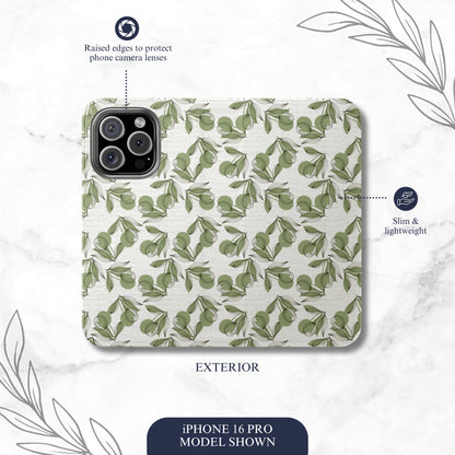 Olive Branch - iPhone Flip Case Wallet, Leather Folio Case Phone Case-aesthetic phone case-shockproof phone case-cute phone case-designer phone case-elegant phone case-luxury phone case-phone accessories-fashion accessory