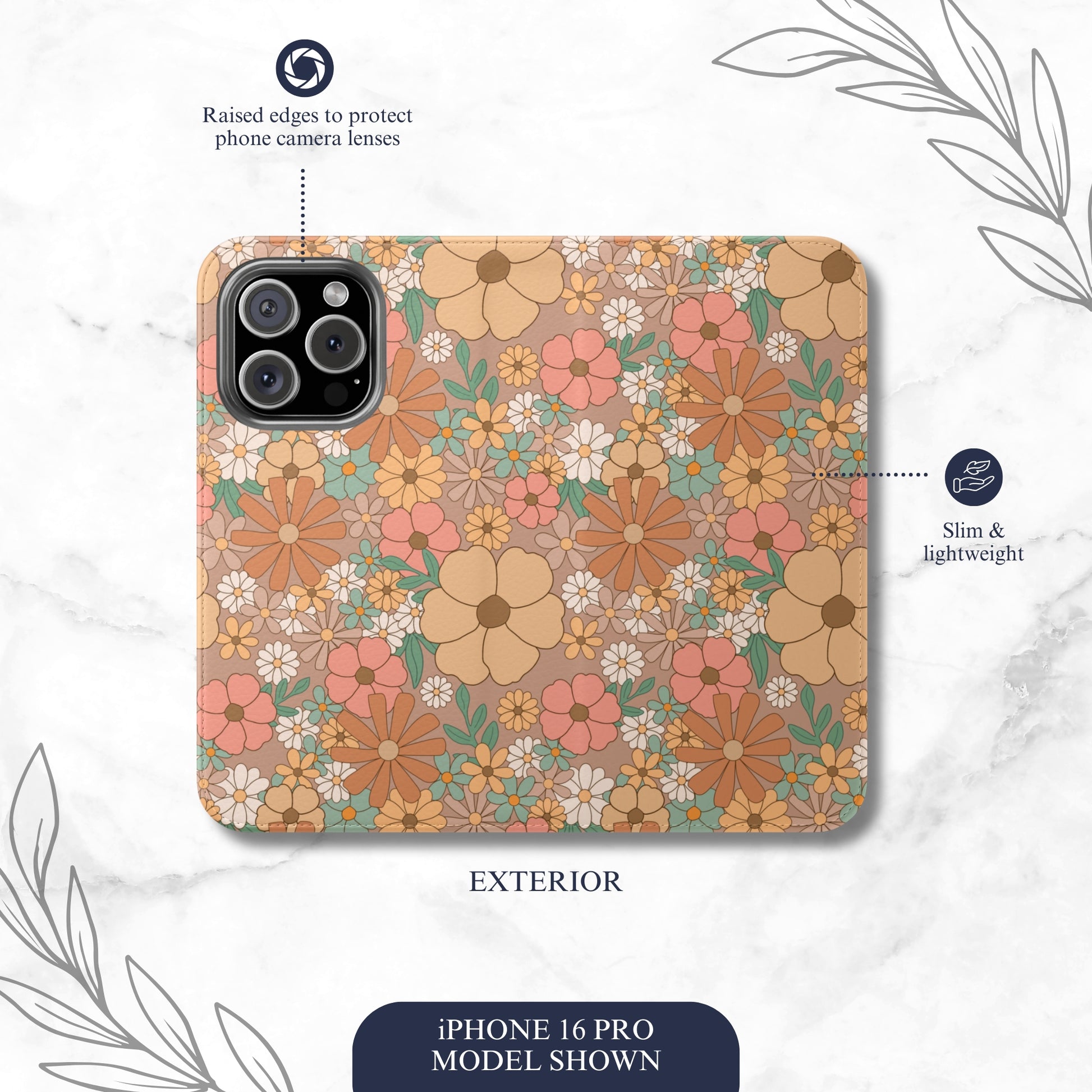 Retro Petals - iPhone Flip Case Wallet, Leather Folio Case Phone Case-aesthetic phone case-shockproof phone case-cute phone case-designer phone case-elegant phone case-luxury phone case-phone accessories-fashion accessory
