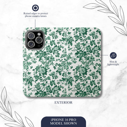 Moss Toile - iPhone Flip Case Wallet, Leather Folio Case Phone Case-aesthetic phone case-shockproof phone case-cute phone case-designer phone case-elegant phone case-luxury phone case-phone accessories-fashion accessory