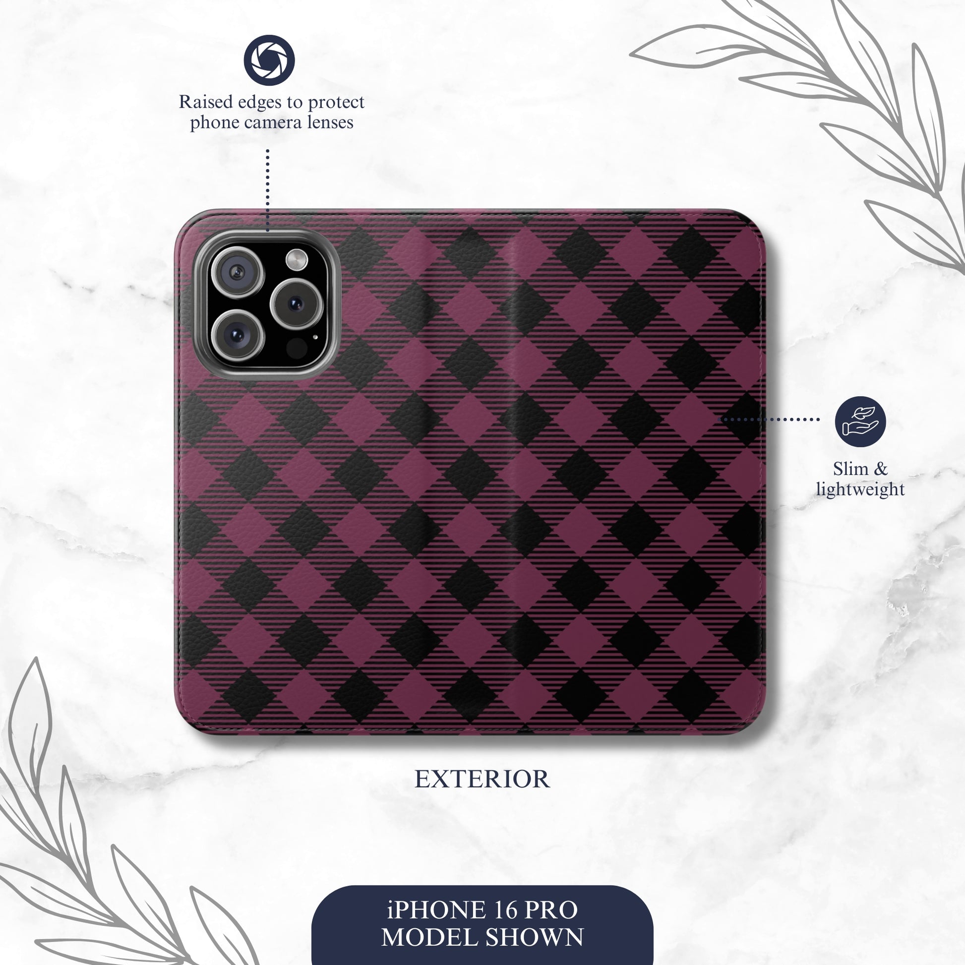 Plum Plaid - iPhone Flip Case Wallet, Leather Folio Case Phone Case-aesthetic phone case-shockproof phone case-cute phone case-designer phone case-elegant phone case-luxury phone case-phone accessories-fashion accessory