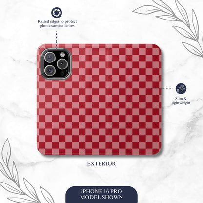 Crimson Check - iPhone Flip Case Wallet, Leather Folio Case Phone Case-aesthetic phone case-shockproof phone case-cute phone case-designer phone case-elegant phone case-luxury phone case-phone accessories-fashion accessory