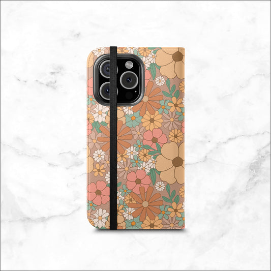 Retro Petals - iPhone Flip Case Wallet, Leather Folio Case Phone Case-aesthetic phone case-shockproof phone case-cute phone case-designer phone case-elegant phone case-luxury phone case-phone accessories-fashion accessory