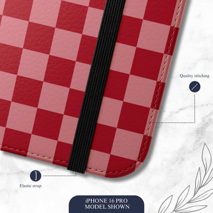 Crimson Check - iPhone Flip Case Wallet, Leather Folio Case Phone Case-aesthetic phone case-shockproof phone case-cute phone case-designer phone case-elegant phone case-luxury phone case-phone accessories-fashion accessory