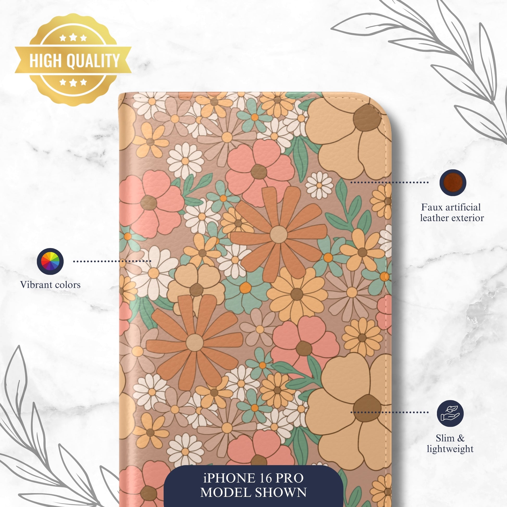 Retro Petals - iPhone Flip Case Wallet, Leather Folio Case Phone Case-aesthetic phone case-shockproof phone case-cute phone case-designer phone case-elegant phone case-luxury phone case-phone accessories-fashion accessory