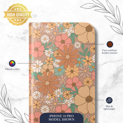 Retro Petals - iPhone Flip Case Wallet, Leather Folio Case Phone Case-aesthetic phone case-shockproof phone case-cute phone case-designer phone case-elegant phone case-luxury phone case-phone accessories-fashion accessory