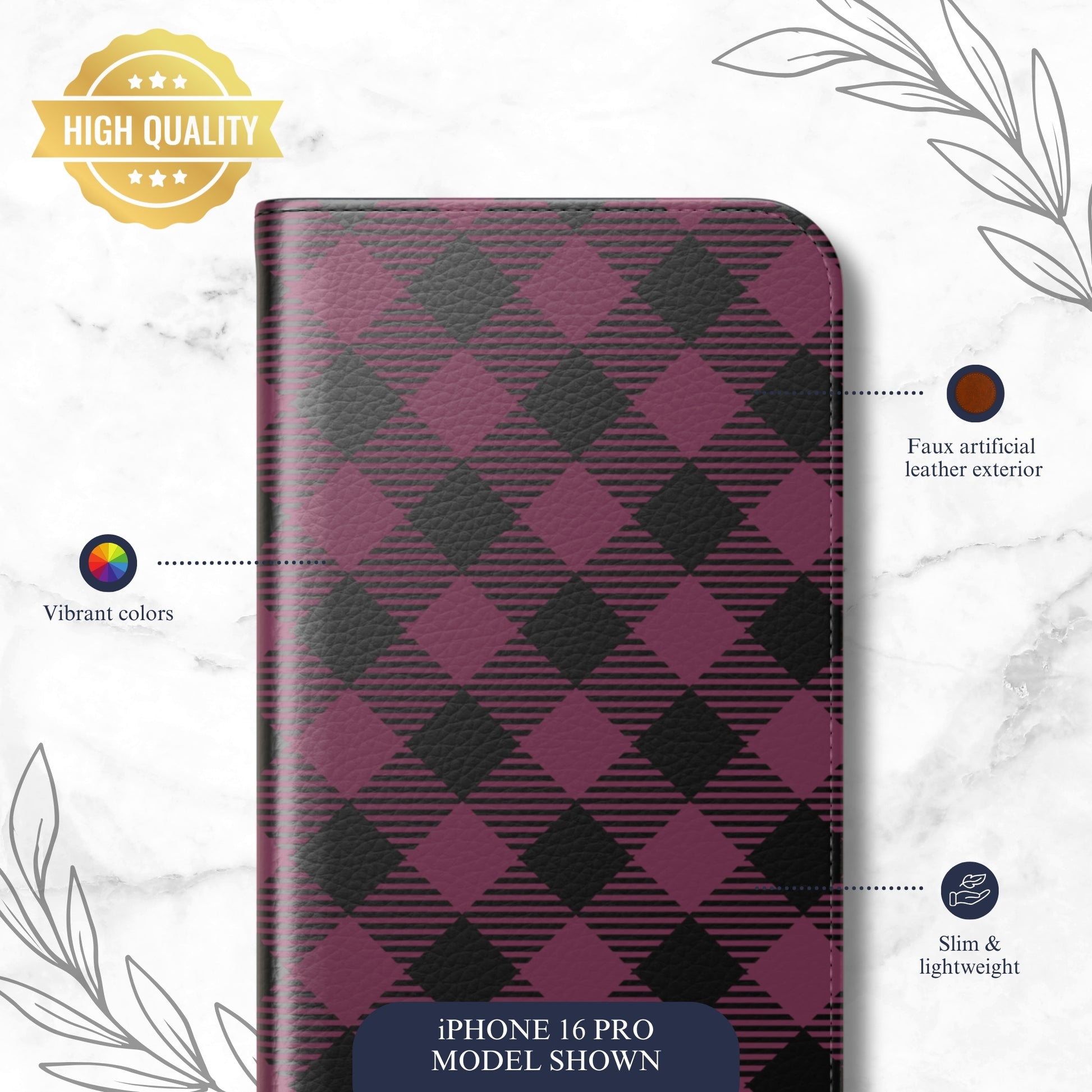 Plum Plaid - iPhone Flip Case Wallet, Leather Folio Case Phone Case-aesthetic phone case-shockproof phone case-cute phone case-designer phone case-elegant phone case-luxury phone case-phone accessories-fashion accessory