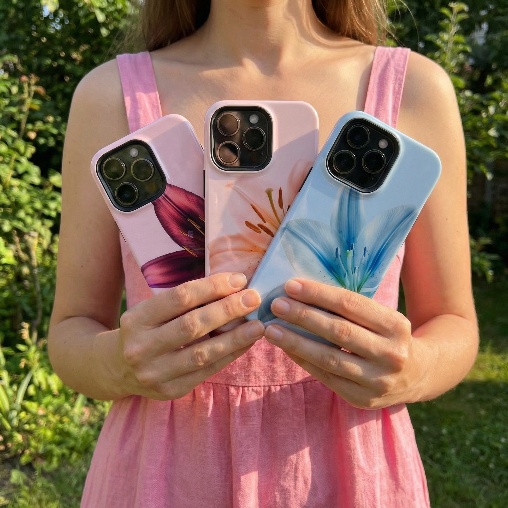 Girl holding three floral iphone cases outdoors
