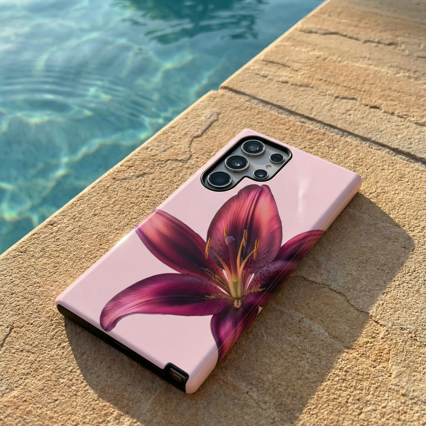 samsung galaxy S24 ultra case with purple flower design sitting on a stone surface poolside