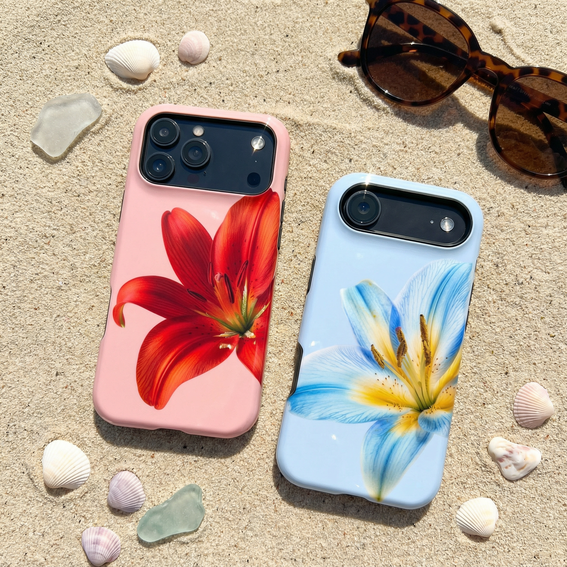 Two floral iphone cases sitting on sand with shells and sunglasses