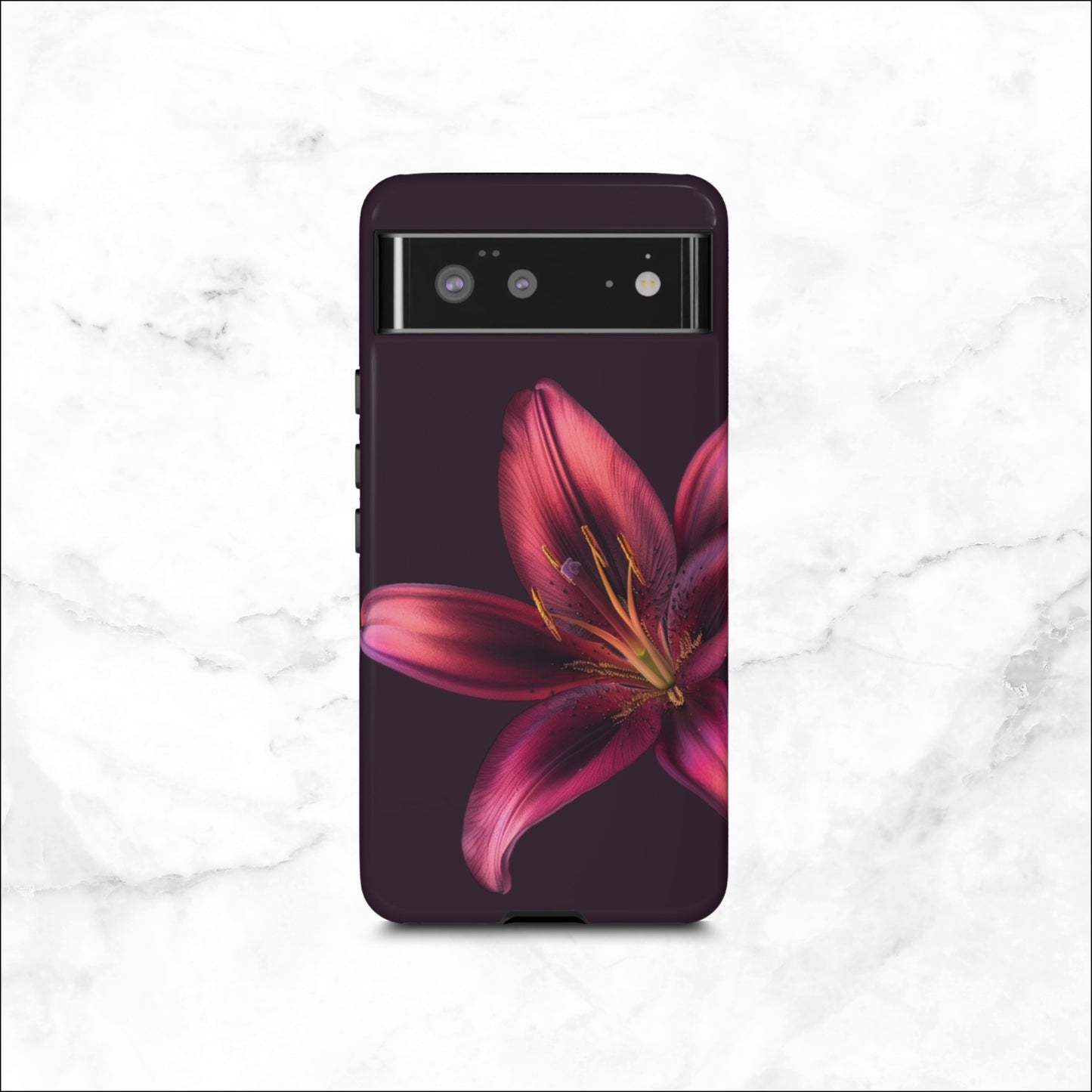 Floral google pixel 6 case with a pink flower on a dark purple background