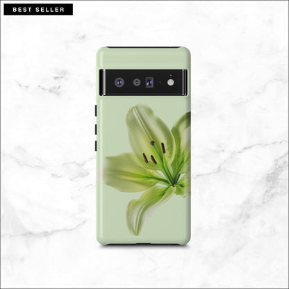 Floral google pixel 6 pro case with a green flower on a light green background