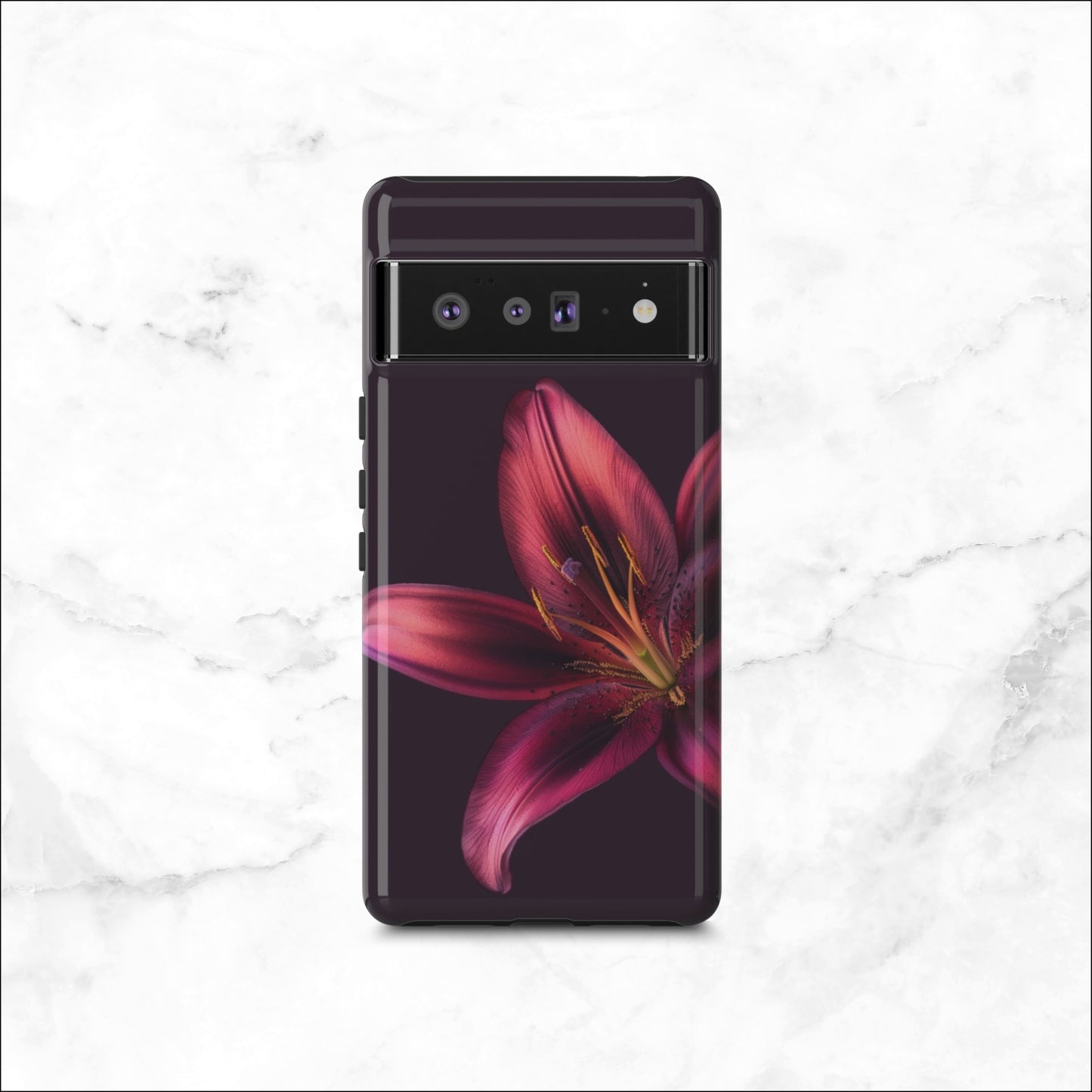 Floral google pixel 6 pro case with a pink flower on a dark purple background