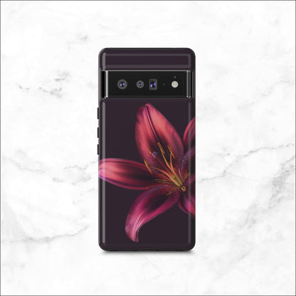 Floral google pixel 6 pro case with a pink flower on a dark purple background