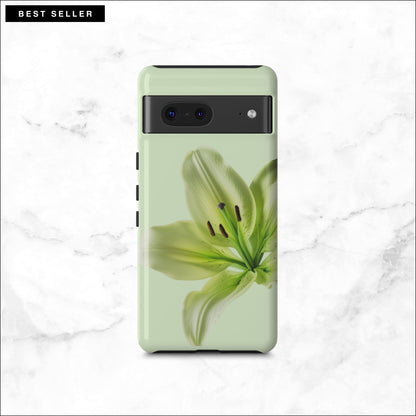 Floral google pixel 7 case with a green flower on a light green background