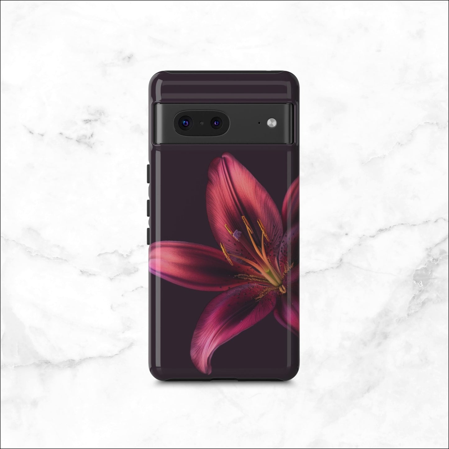 Floral google pixel 7 case with a pink flower on a dark purple background
