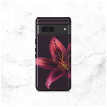 Floral google pixel 7 case with a pink flower on a dark purple background