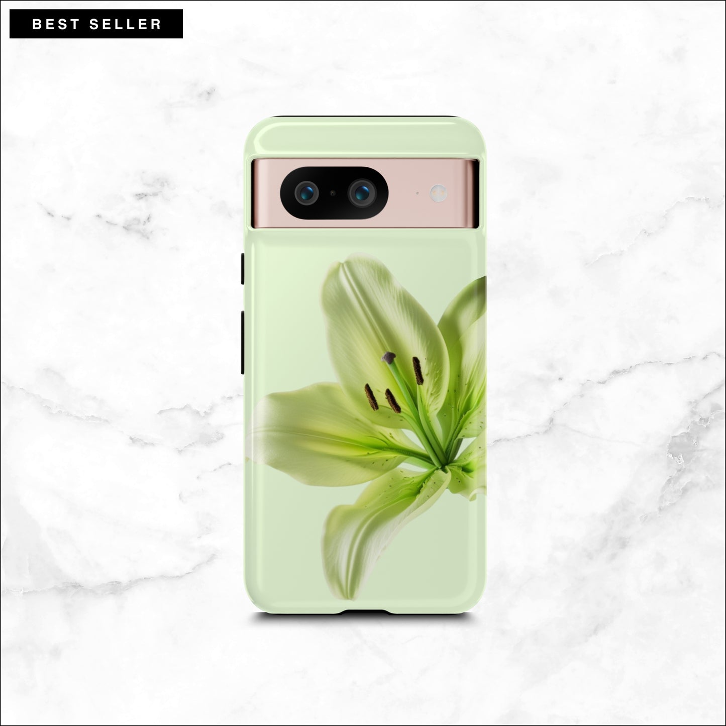 Floral google pixel 8 case with a green flower on a light green background