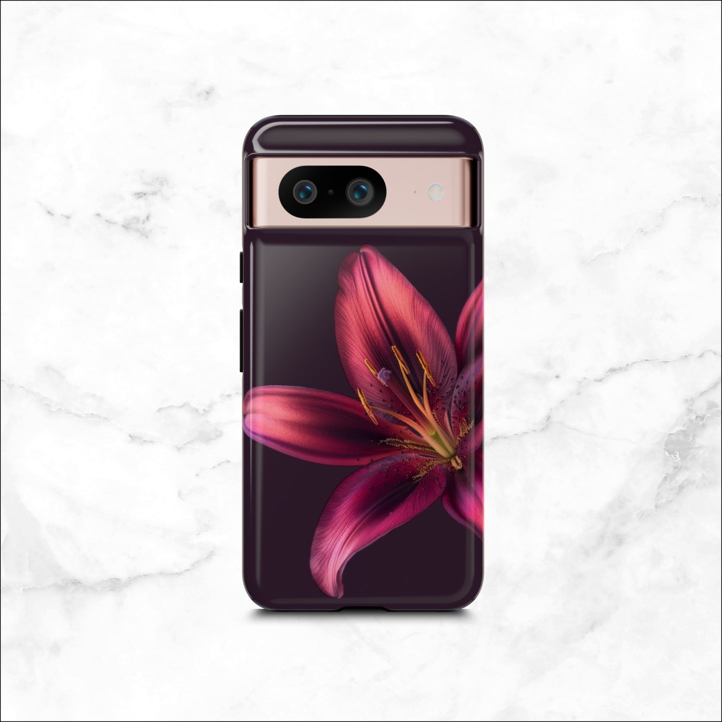 Floral google pixel 8 case with a pink flower on a dark purple background
