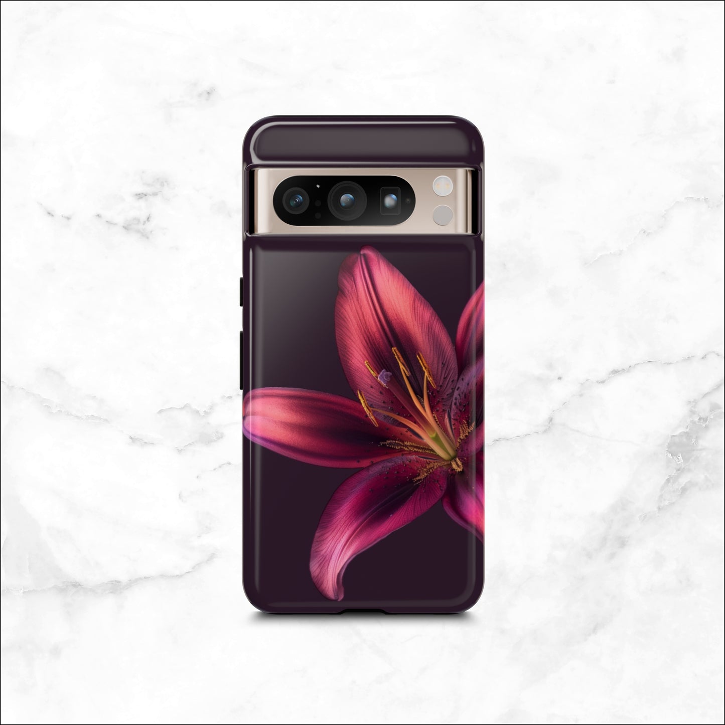 Floral google pixel 8 pro case with a pink flower on a dark purple background