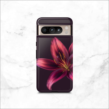Floral google pixel 8 pro case with a pink flower on a dark purple background