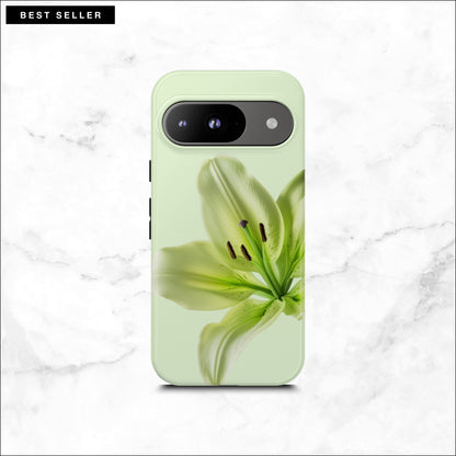 Floral google pixel 9 case with a green flower on a light green background