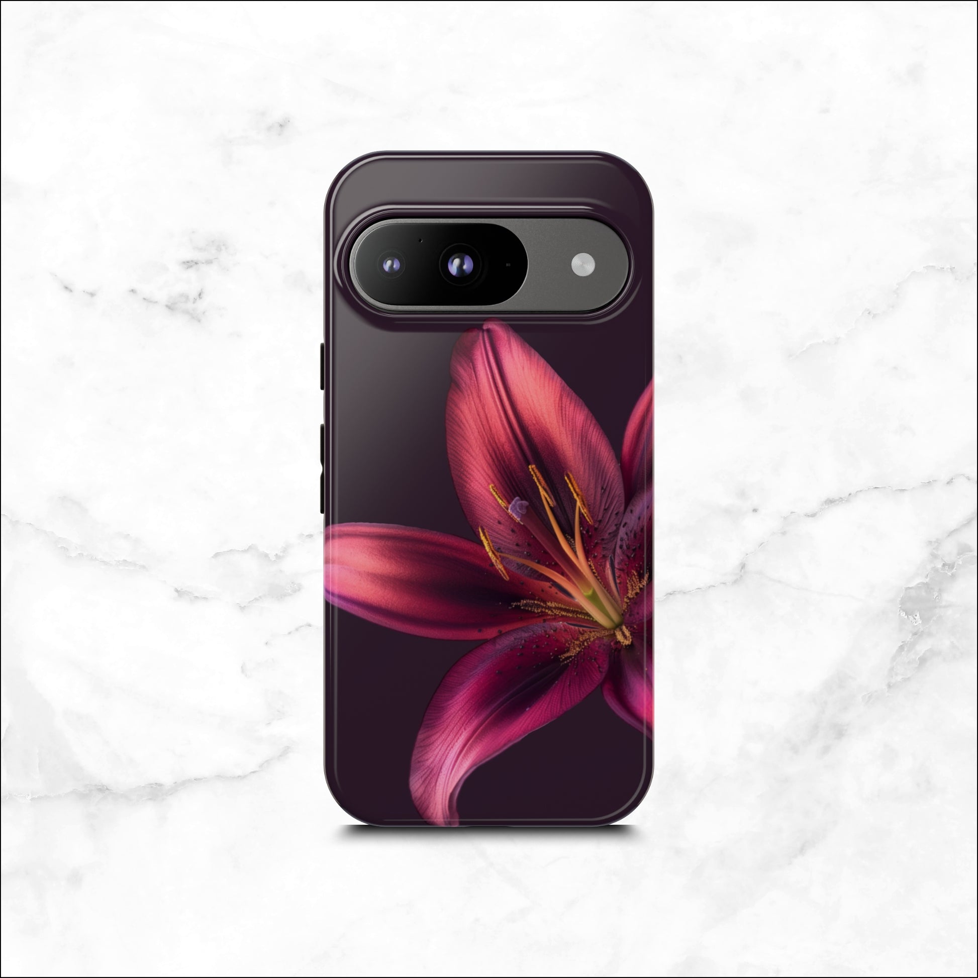 Floral google pixel 9 case with a pink flower on a dark purple background