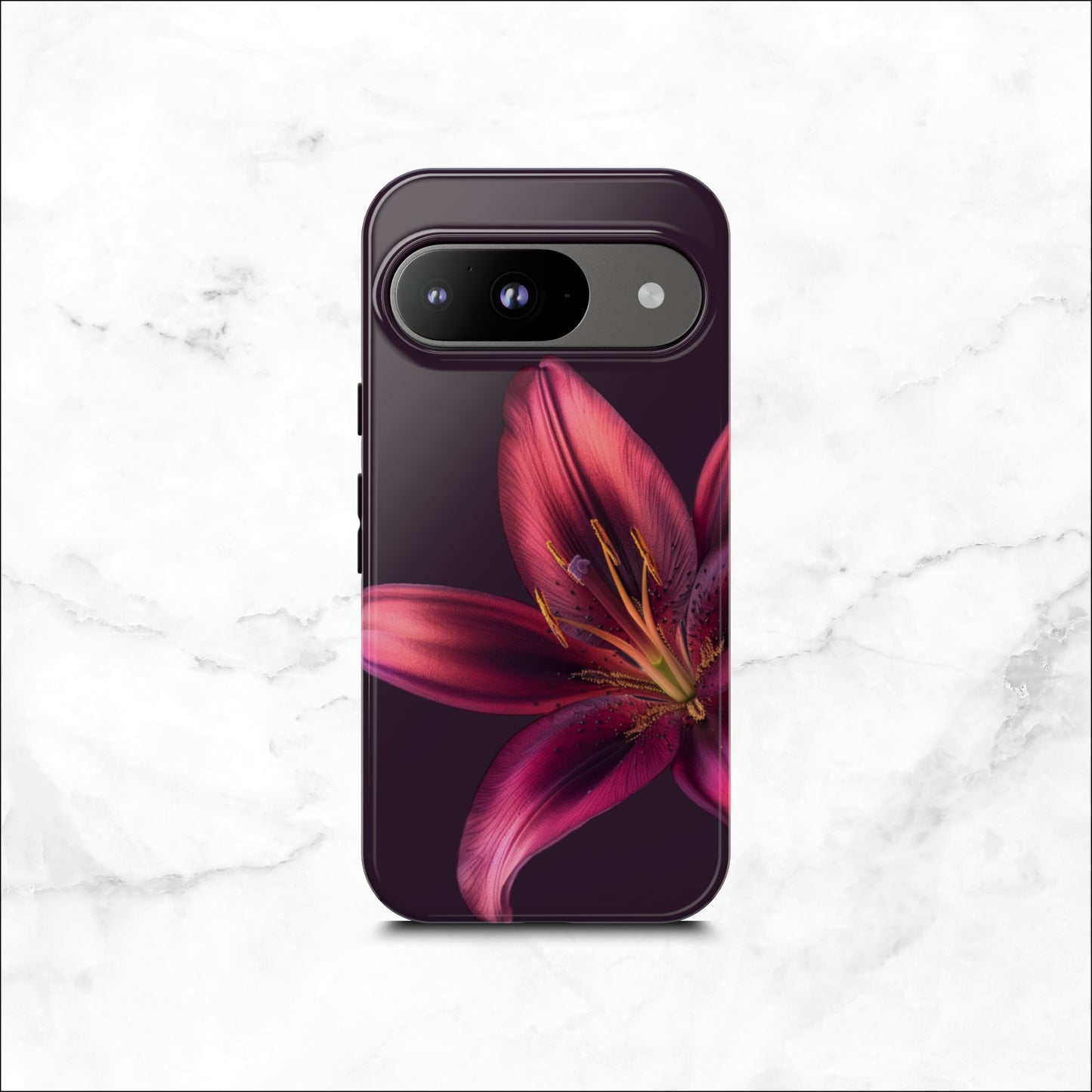 Floral google pixel case with a pink flower on a dark purple background