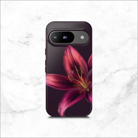 Floral google pixel case with a pink flower on a dark purple background