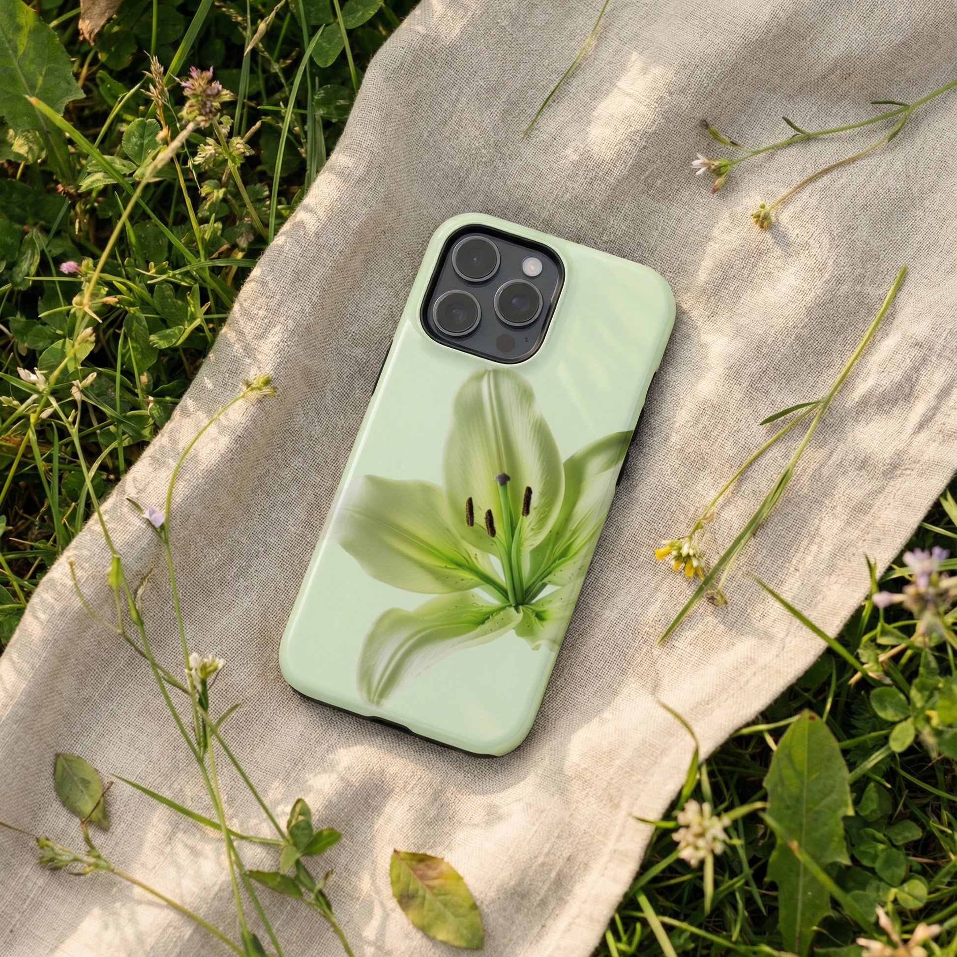 iPhone case with a green floral case on a fabric surface surrounded by grass and flowers