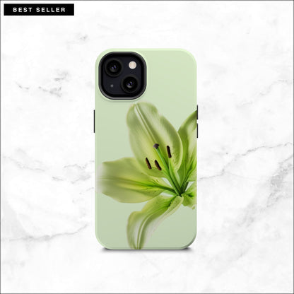 Floral iPhone 13 case with a green lily flower on a soft green background
