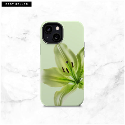Floral iPhone 13 mini case with a green lily flower on a soft green background