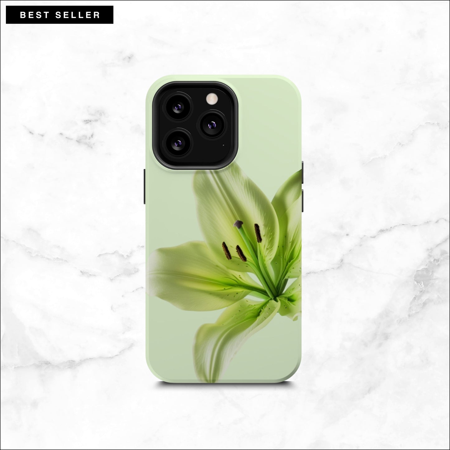 Floral iPhone 13 pro case with a green lily flower on a soft green background